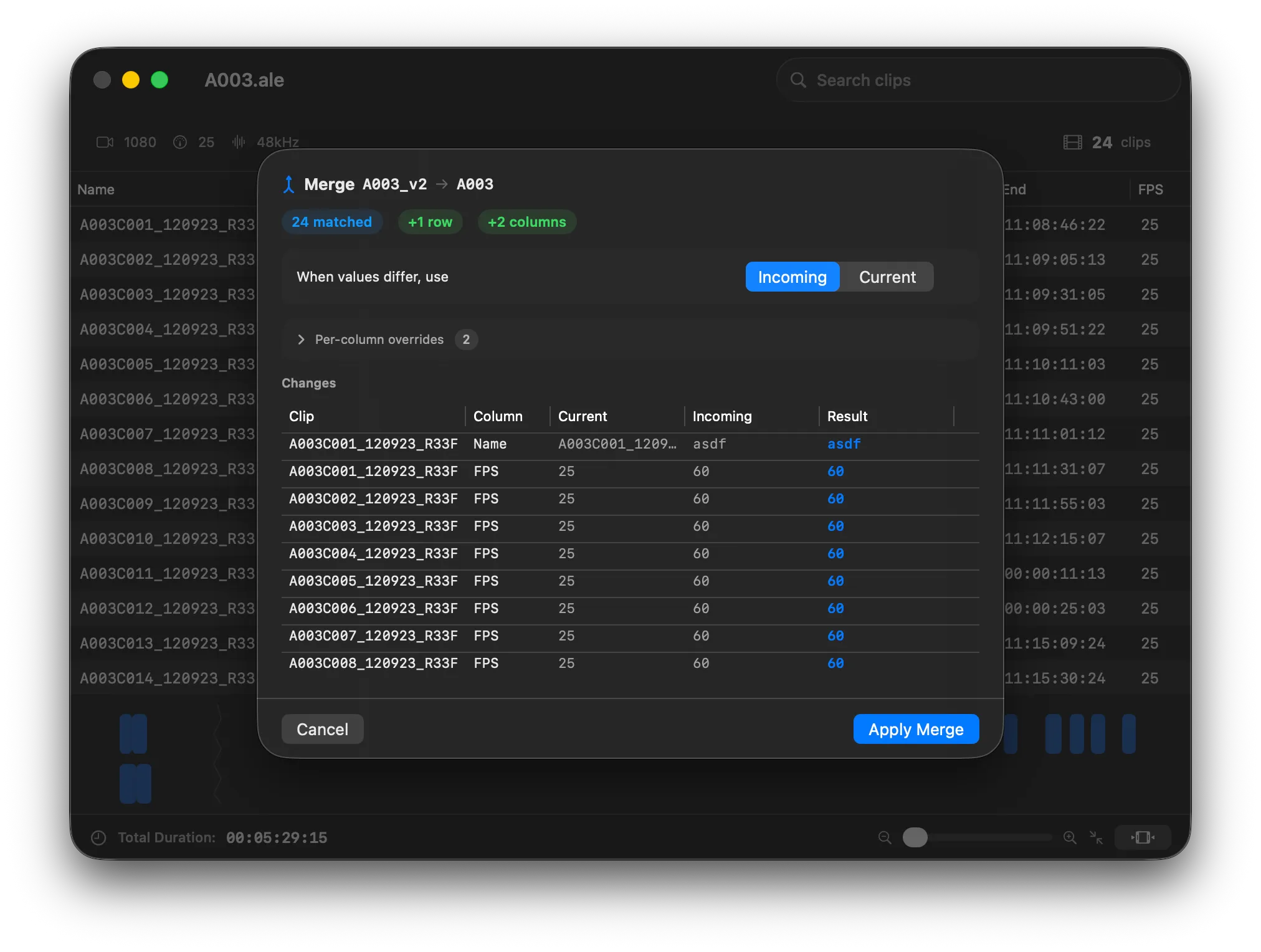 ALE Merge dialog showing conflict resolution and live preview